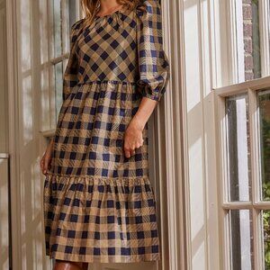 Summersalt Midi Cotton Poplin Dress Buffalo Check in Midnight & Toffee